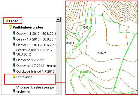 Kategorii vhodnosti pro setí/sázení po vrstevnici a expozici svahu lze zjistit na panelu PB/DPB na záložce Podrobné. Vrstevnice si můžete zobrazit v mapě aktivací této vrstvy pod návěstím Eroze.