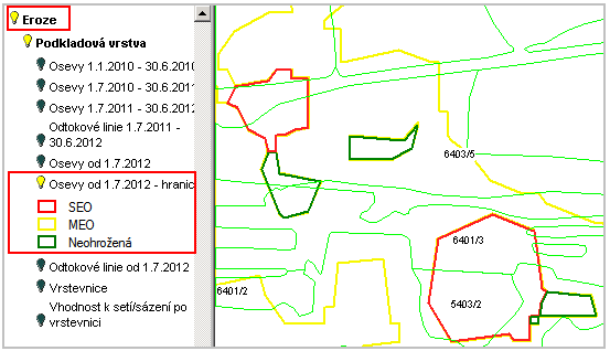 Hranice SEO jsou zvýrazněny odstínem červené: Hranice MEO jsou zvýrazněny odstínem žluté: Hranice Neohrožené půdy jsou zvýrazněny odstínem zelené: Tyto
