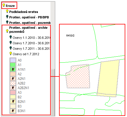 Ukončené pozemky si můžete v mapě zobrazit aktivací vrstvy Protierozní opatření archiv pozemků Obrázek 30 Vrstva "Protierozní opatření - archiv pozemků Pravidla dědění: Erozní pozemek je ve stavu