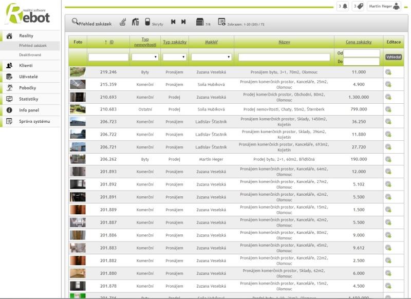 REBOT MODULY Realitní nabídka: Rebot systém eviduje veškeré zakázky do přehledných seznamů.