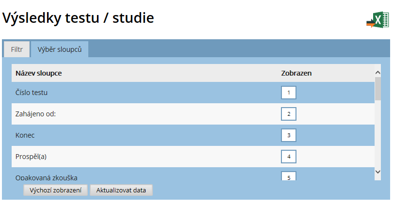 Export položek datového listu Pokud chcete položky datové listu exportovat do formátu XLS, klikněte na ikonu vpravo nahoře nad datovým listem.