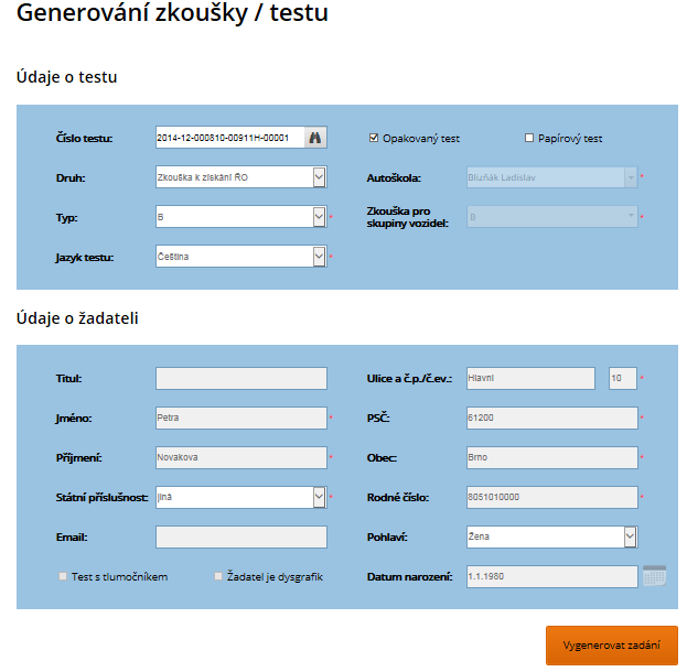 Obrázek 32: Formulář Generování testu vyplnění existujícími hodnotami 3.1.3 Otevřené testy / studie Otevřeně testy/studie jsou testy/studie, které aktuálně probíhají na žadatelských stanicích.