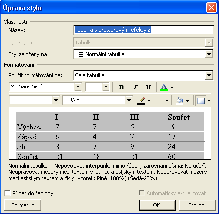 Kapitola 5 Pokročilé techniky formátování ve Wordu 119 Obrázek 5-5: Zde upravujeme tabulkový styl Tabulka s prostorovými efekty 2 hovat i mezery.
