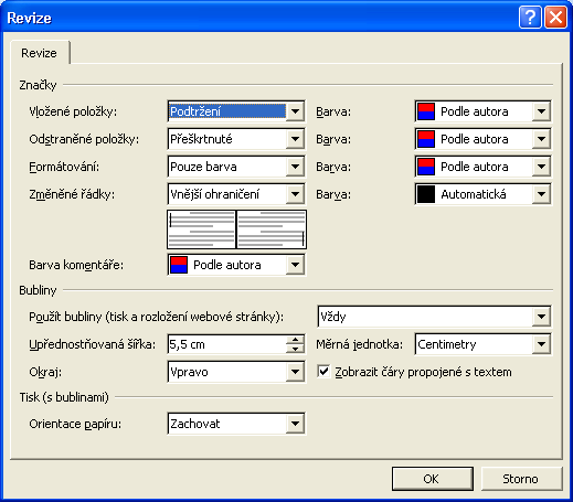 Kapitola 7 Microsoft Word v pracovní skupině 163 Obrázek 7-4: Karta nebo dialogové okno Revize slouží ke změně označování revizí 7 Microsoft Word v pracovní skupině Nastavit orientaci papíru při