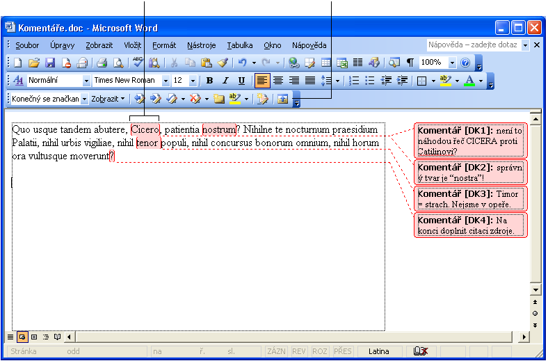 170 Microsoft Office Word 2003 Vkládání komentářů do dokumentu K vybraným blokům textu v dokumentu Word můžeme vložit takzvané komentáře, které nemění jeho hlavní text, ale doplňují například