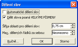 202 Microsoft Office Word 2003 Číslem v textovém poli Max. dělených řádků za sebou můžeme omezit nežádoucí nakupení rozdělovacích znamének při pravém okraji textu. 5. Klepneme na tlačítko OK.