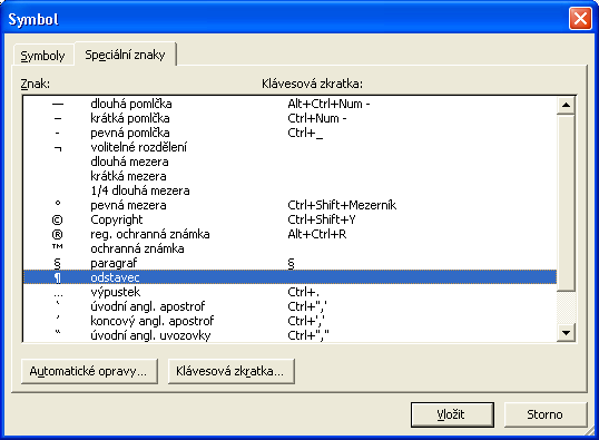 16 Microsoft Office Word 2003 Obrázek 2-2: Vkládání znaků z karty Speciální znaky dialogového okna Symbol 4.