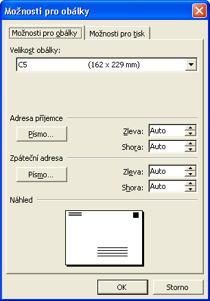 250 Microsoft Office Word 2003 Obrázek 10-8: Změna rozměrů a dalších vlastností obálky na kartě Možnosti pro obálky TIP Úpravy formátu v textu obálky Základní znakový formát celé adresy příjemce i