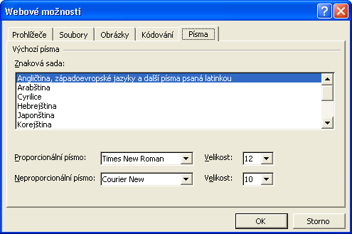 Kapitola 11 Vytváření webových stránek a práce s formátem XML 263 Obrázek 11-6: Karta Písma dialogového okna Webové možnosti definuje znakovou sadu a výchozí písmo ODSTRAŇOVÁNÍ POTÍŽÍ Verze dokumentu