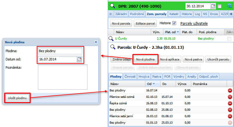 Přes tlačítko Nová plodina zadávám plodinu a datum, odkdy je na parcele pěstována. Vzniká osevní postup.
