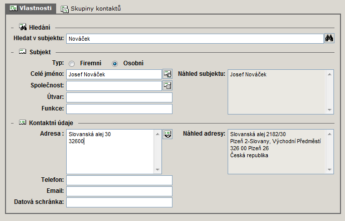 4. Rozdíl mezi firemním a osobním typem subjektu kontaktu: Při zakládání nového subjektu kontaktu je možno zvolit mezi typem Firemní nebo Osobní a zadat údaje: Dle těchto typů lze v subjektech