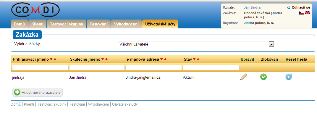 3.2. Vstup do správy uživatelských účtů Po zvolení příslušné zakázky se vám zobrazí klasické okno s vytvořením nové testovací skupiny.