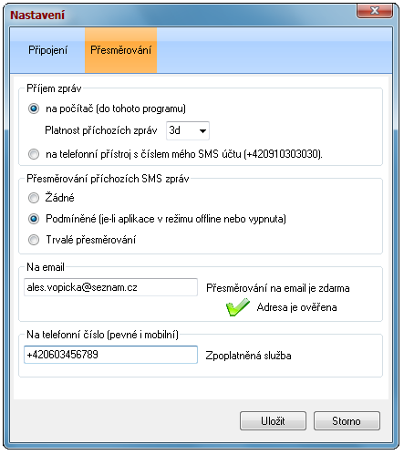 4.3. Nastavení - Přesměrování Je-li aplikace online, lze provést další rozšířené nastavení. V menu aplikace SMS Nastavení se uživatel v dialogovém okně přepne na záložku Přesměrování.