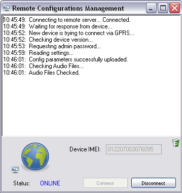 9. V okně Správa dálkové konfigurace (Remote Configuration Management) lze aktuálně sledovat stav a průběh spojení. 10.