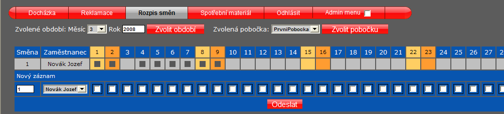 Reklamační protokol Modul rozpis směn Tento modul slouží k plánování brigádníků a zaměstnanců dle jednotlivých dnů.