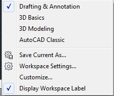Pracovní prostory Workspace switching 2D kreslení a poznámka prostor určený pro kreslení rovinných výkresů a vytváření popisů 3D modelování modelování a vytváření vizualizací AutoCAD Classic vychází
