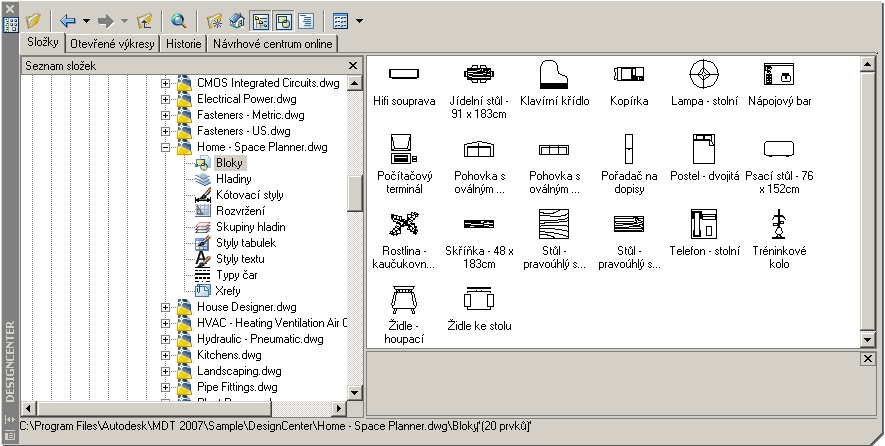 Funkce AutoCad DesignCenter Ctrl+2 Uspořádání, otevírání a sdílení obsahu výkresů k efektivnímu spravování výkresové dokumentace.