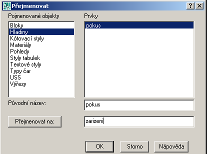 Práce s pojmenovanými objekty Výkresový soubor obsahuje : a) grafické objekty b) negrafické objekty hladiny, bloky, kótovací styly Negrafické objekty pojmenováváme při jejich tvorbě názvy jsou