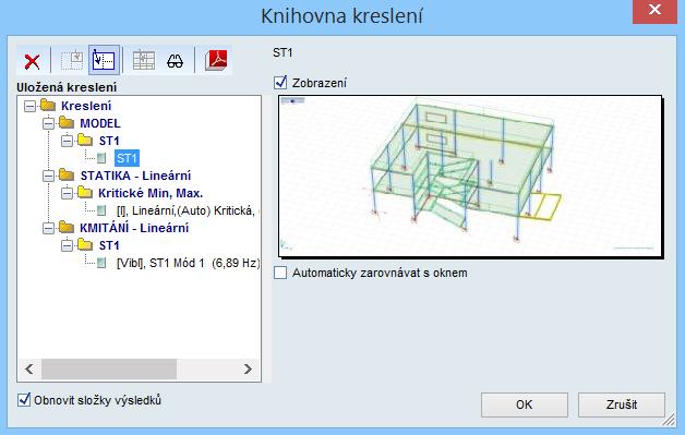 Různé zatěžovací stavy mohou být nastaveny v každém okně zvlášť, ale pouze při zobrazování výsledků. 3.5.6 Zavřít okno Zavře aktuální grafické okno. 3.5.7 Knihovna kreslení Knihovna kreslení obsahuje obrázky uložené v programu.