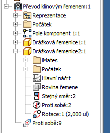 Vlastní modelování řemenic Inventor automaticky vytváří převod v samostatné podsestavě, kde jsou kromě vlastních řemenic a řemene i příslušné vazby.