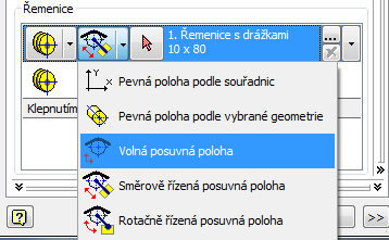 Zadání geometrických parametrů Provedeme na kartě Návrh generátoru převodu. V horní části okna provedeme volby: Zvolíme typ řemene. Vybereme klasický, nebo jako v našem příkladu úzký klínový řemen.