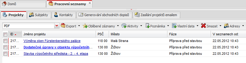 Export dat provádíme v Pracovních seznamech. Nejprve vybereme formát (PDF nebo CSV =>Excell) a následně provedeme Export. Export dat Export dat můžeme provést též u Subjektů.