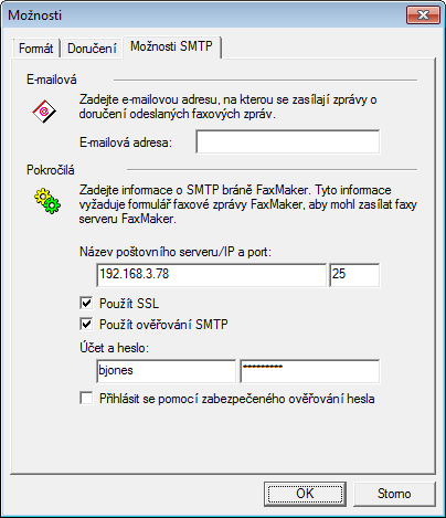 Snímek obrazovky 11: Úprava e-mailové adresy pomocí možností formuláře faxové zprávy klienta GFI FaxMaker 2.