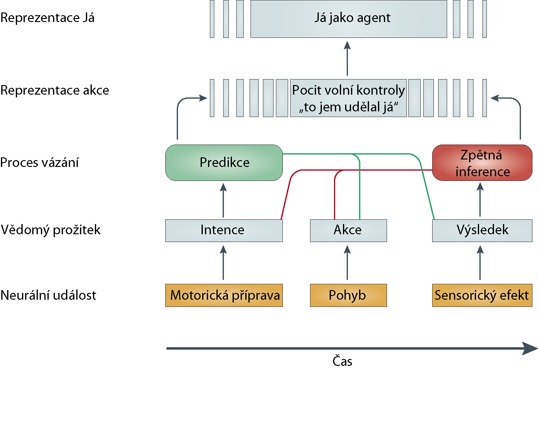 Obrázek 4: Haggardův model usiluje o vysvětlení prožitku jednání skrze integraci kognitivních procesů různých úrovní. Upraveno dle [8] zovány, aby zformovaly celkový dojem akce jako jedné události.