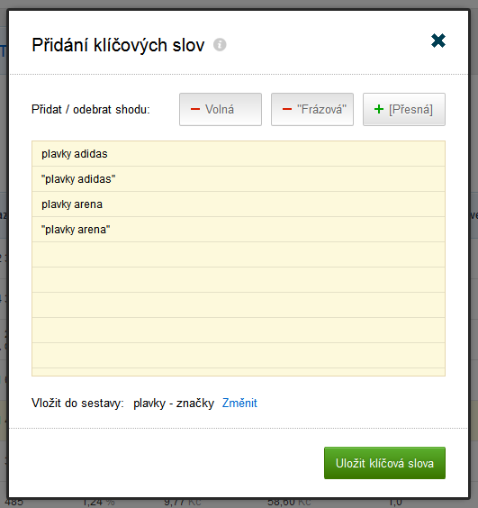 Přidání klíčových slov. Důsledné doplnění vylučujících slov a přidání klíčových slov nových, kde využijete data z hledaných dotazů, může výkon Vašich kampaní zvýšit až o desítky procent.