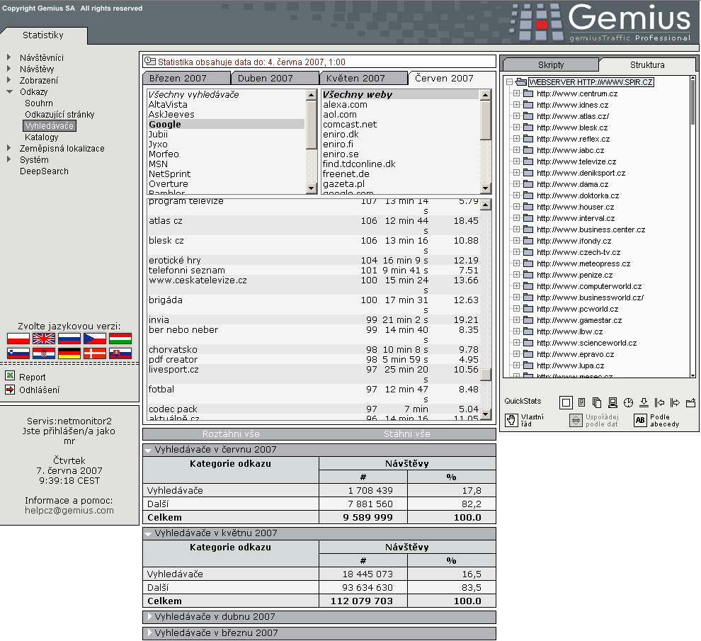 41 Rozhraní gemiustraffic umožňuje analyzovat například i kompletní informaci o odkazujících stránkách.