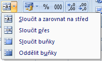 Klikneme-li na ikonu, která je v červeně zvýrazněné oblasti na obrázku dvě, zobrazí se nová nabídka s možnostmi na orientaci textu v buňce.