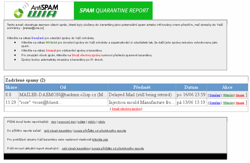 4. Karanténní report V případě, že WIA AntiSPAM pracuje v režimu