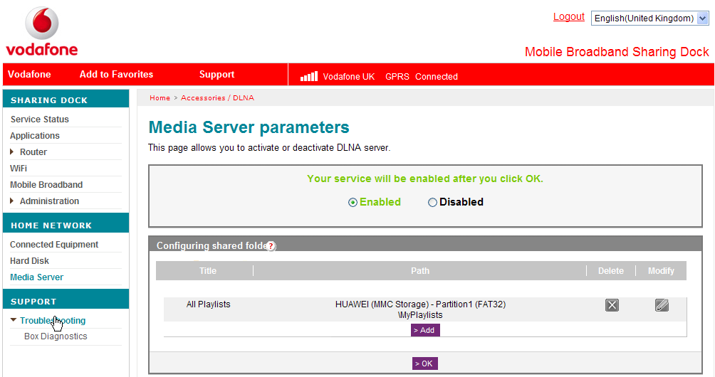 2.8.3 Media server Z nabídky na levé liště si v možnosti Domácí síť zvolte Media server.