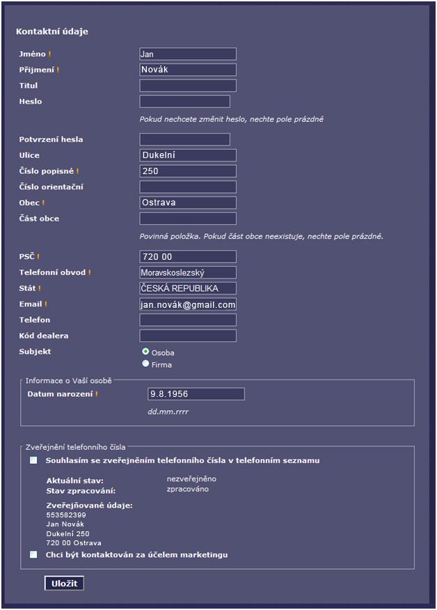 1. Kontaktní údaje Tato sekce je zaměřena na změny zadaných údajů při