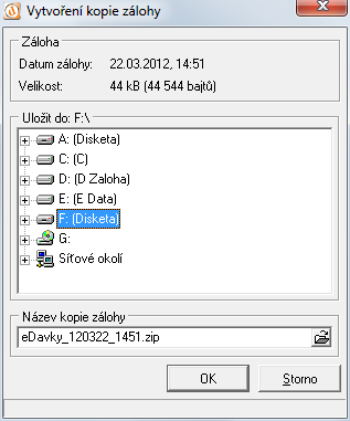Zálohování Po jeho dokončení se zobrazí okno s dotazem na místo, kam se