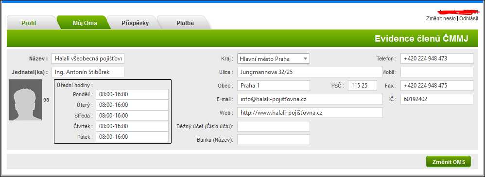 4. OMS člena (Náhled / změna OMS) Tato obrazovka zobrazuje kontaktní informace o OMS, ve kterém je člen zařazen.