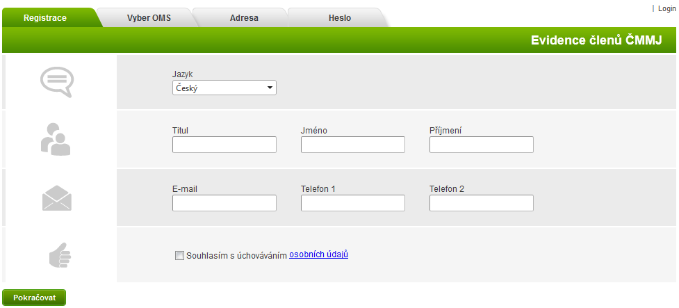 1. Krok 1 Registrace osobních údajů V prvním kroku registrace je nutné vyplnit své osobní a kontaktní údaje. Vzhled Obrázek : Registrace - Krok 1 Krok 1 vyplnění údajů 1. Výběr jazyka 2.