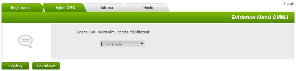 2. Krok 2 Výběr OMS V druhém kroku registrace je potřeba pomocí rozbalovacího seznamu zvolit k jakému OMS má být uživatel přiřazen. Vzhled Obrázek : Registrace - krok 2 Krok 2 vyplnění údajů 1.