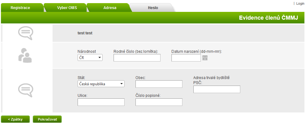 3. Krok 3 Adresa a rodné číslo Ve třetím kroku registrace uživatel musí vyplnit své kontaktní údaje a rodné číslo / číslo pasu v případě cizinců pro ověření duplicit v systému a korektní platnost