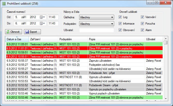 4. Prohlížení logu událostí Slouží pro hledání v logu událostí s možností filtrování podle časového rozmezí, ústředny, podsystému, jména uživatele, úrovně a typu události.