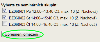 Upřesnit omezení seminární skupiny, které chci zaslat dopis (resp.