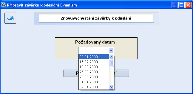 1.11. Opětovné vychystání závěrky pro export Po spuštění této funkce klikneme na šipku u vyhledávacího políčka a zvolíme den ze kterého chceme znovu vychystat závěrku.