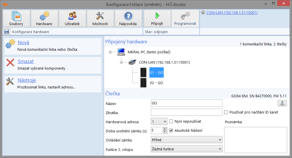 4.3.8 Konfigurace čtečky Konfigurační panel čteček GO (obr. 9) umožňuje nastavit parametry pro provoz, komunikaci a orientaci v programu.