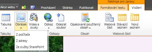 Do textu článku lze vložit obrázek. K tomu využijeme nabídku Obrázek na záložce Vložení v ribbonu.
