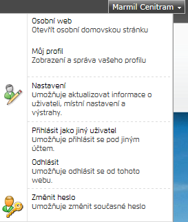 Po přihlášení je v pravém horním rohu stránek zobrazeno uživatelské jméno aktuálně přihlášeného uživatele s nabídkou funkcí nad uživatelským účtem: 2.3.