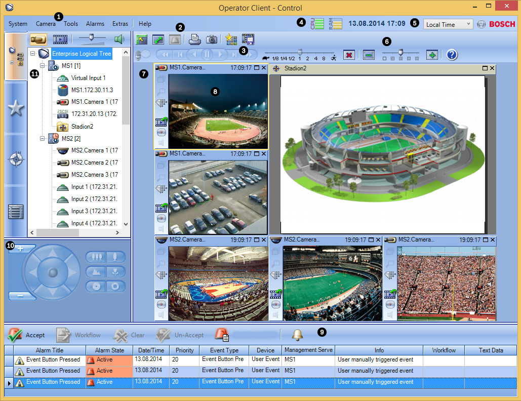 Bosch Video Management System Úvod cs 17 1 Panel nabídek Umožňuje vybrat příkaz nabídky. 2 Panel nástrojů Zobrazuje dostupná tlačítka. Chcete-li zobrazit popis tlačítka, ukažte na jeho ikonu.