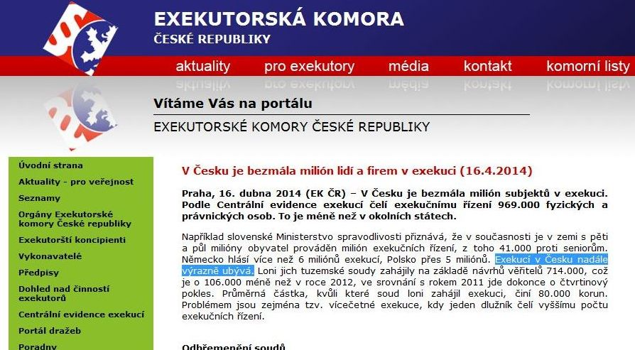 Nebo o rok později, když 16. 4. 2014 psali Exekucí v Česku nadále výrazně ubývá.