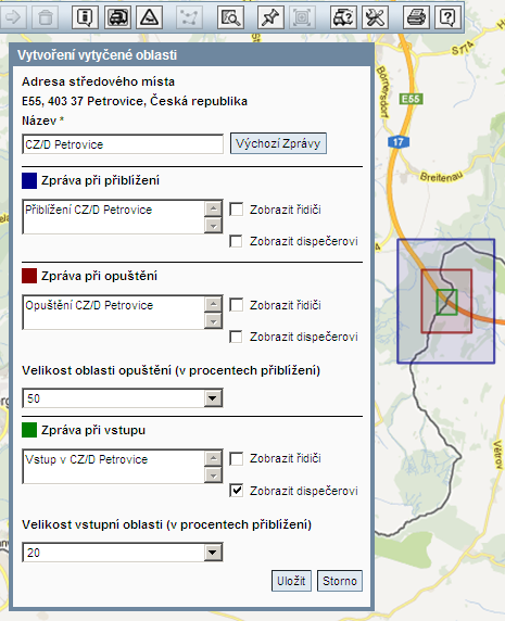 8) Nastavení vytyčených oblastí (Geofencing) Pokud využíváte balíček služby mapa a sledování, můžete si nastavit na mapě oblasti obdélníkového tvaru.