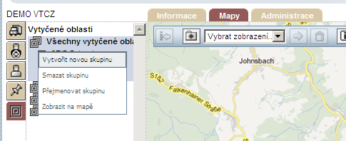 výše na obrázku máme vytvořené 2 skupiny DEMO a Výjezdy Skupinu vytvoříte tak, že na Všechny vytyčené oblasti kliknete pravým tlačítkem myši, následně v menu vyberete Vytvořit novou skupinu.