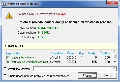 4) Klikněte vlevo nahoře na tlačítko [Uložit dávky]. Ukládáte-li na flash disk, dávka se ihned uloží. Ukládáte-li na disketu, která je prázdná, dávka se ihned uloží.